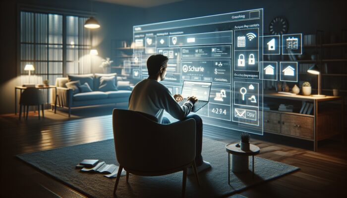 A person reviewing online booking details on a laptop in a warm home office, featuring secure payment icons and a calendar.