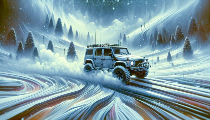 A rugged SUV with snow tires and a powerful heating system manoeuvring safely through icy, snowy roads.