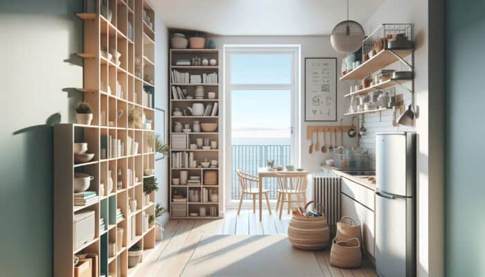 A cozy Brighton flat with organized shelves of books and kitchen tools, seasonal boxes tucked away, in soft seaside light.