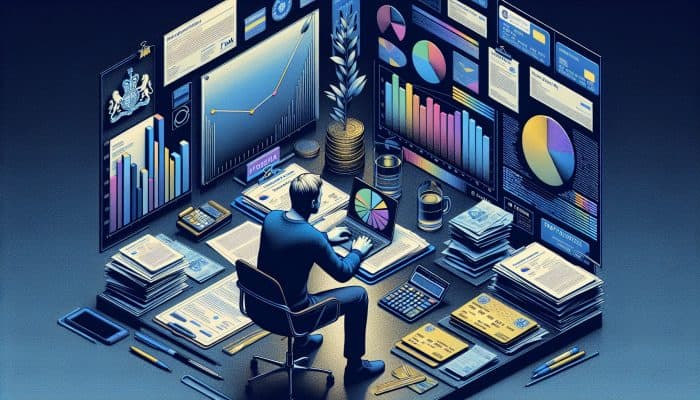 Consolidating Multiple Small Debts: Key Strategies | DCL A UK resident at a modern desk reviews financial documents and credit scores on a laptop, surrounded by bills and an FCA emblem.