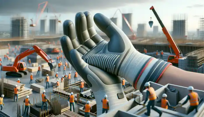 Worker wearing Showa heavy-duty rubber gloves with reinforced fingertips and ergonomic design on a busy UK construction site, emphasizing safety and comfort.