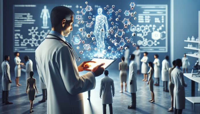 A doctor in a modern lab examines blood test results on a tablet, surrounded by glowing icons of iron, vitamin D, B12, folate, and figures showing fatigue and bone weakness.