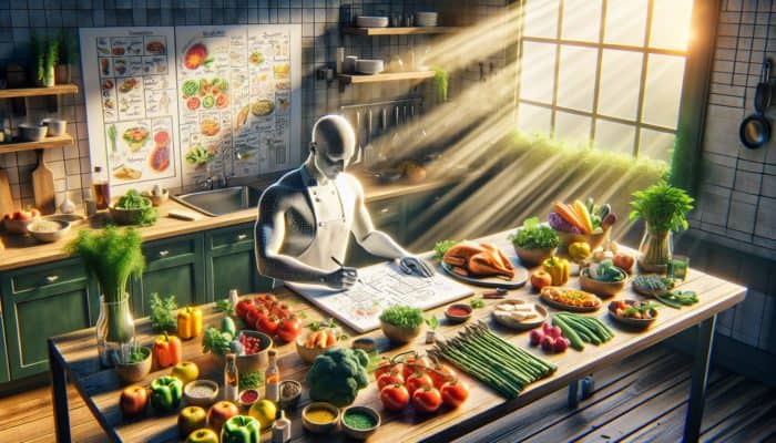 Chef sketching meal plans in a sunlit kitchen, surrounded by colorful produce, proteins, and herbs on a wooden counter.