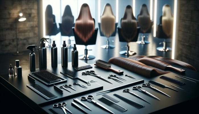 Hairstylist's toolkit for long layering: sharp scissors, fine-tooth combs, clips, and styling products on a salon table with long-haired models in soft lighting.