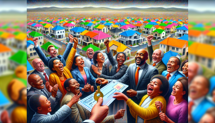 In Makhanda, South Africa, homebuyers joyfully receive house keys from officials under FLISP and UDP, with colorful developments and grant envelopes.