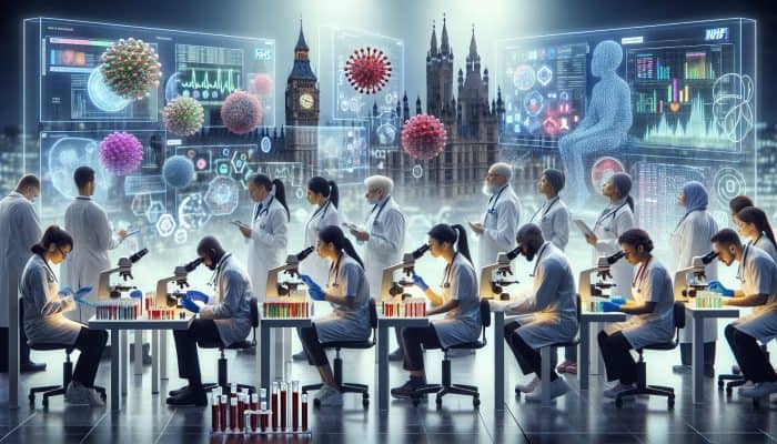 In a bustling London NHS lab, diverse professionals analyse blood samples under microscopes, with screens displaying results for disease detection.