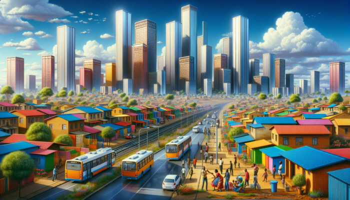 Soweto street scene: modern high-rises beside colourful traditional homes, buses and trains moving, families in a park, showing urban revitalization.