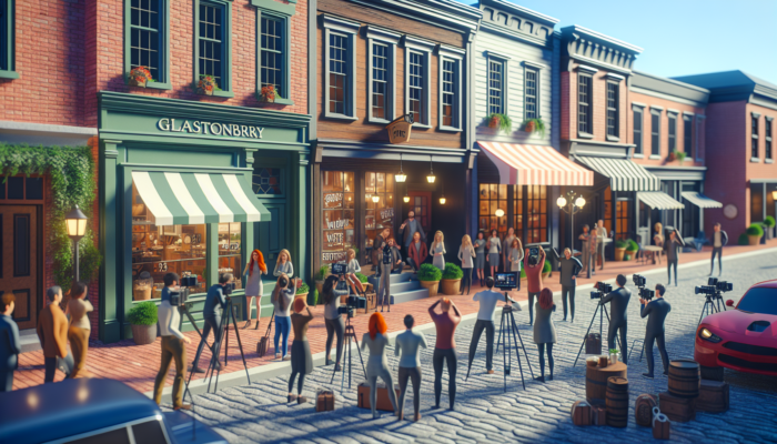 Small business owners in Glastonbury film videos outside cozy shops, drawing smiling customers in a historic, bustling street.