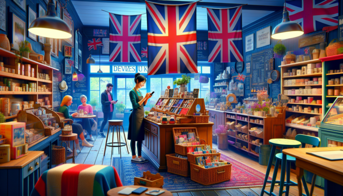 A smiling small business owner in a cozy Devizes shop posts colourful product photos on Instagram, surrounded by artisan displays and browsing customers.