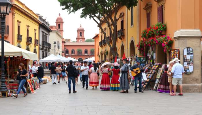 Vibrant street scene in San Miguel de Allende Plaza during a cultural festival, showcasing colourful Día de los Muertos altars, local artists, musicians, and people in traditional attire amidst colonial architecture.
