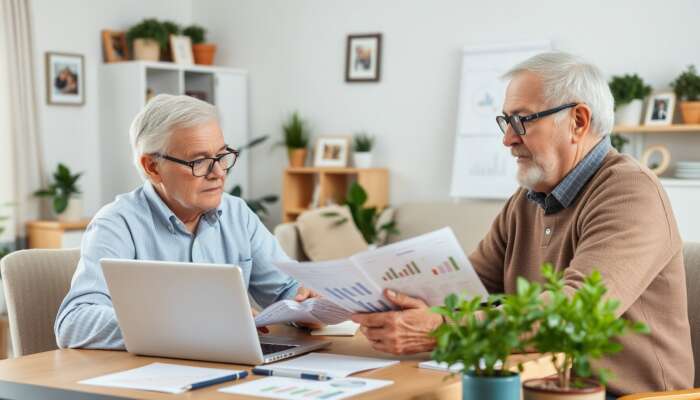 Elderly couple analysing financial documents and charts on a laptop in a cosy living room, symbolising secure retirement planning.