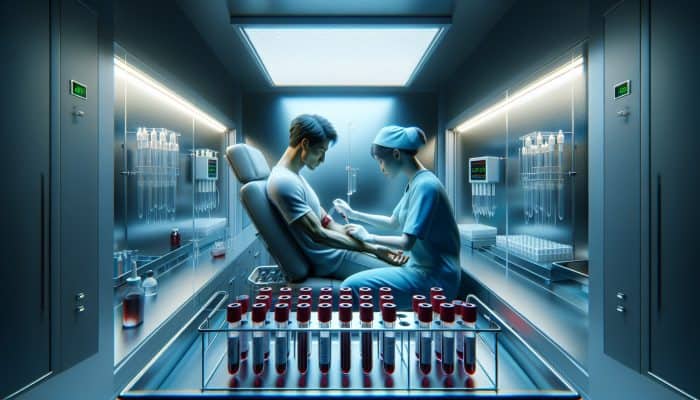 Coeliac Blood Test in Rowley Regis: A nurse in blue scrubs draws blood from a patient's arm in a UK NHS clinic, with labelled test tubes for coeliac detection.