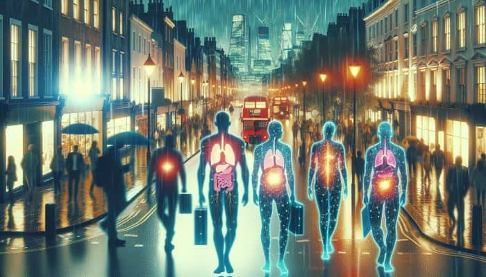 Signs of High Cortisol Levels: Bustling London street with urban dwellers showing cortisol effects: one slumping from weight gain and fatigue, another with weak muscles amid rainy lights.