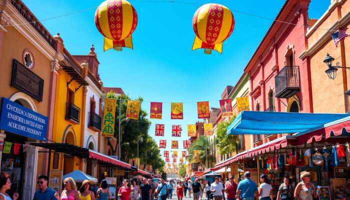 A vibrant street scene in San Miguel de Allende featuring colorful colonial architecture, bustling markets, and people enjoying events while carrying tickets and interacting with vendors under a bright blue sky.