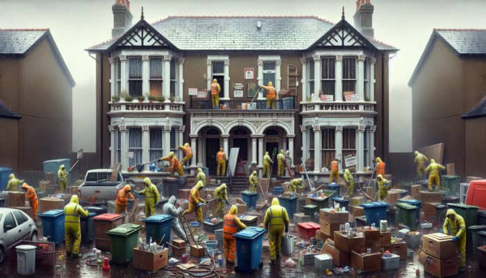 Time Management Tips for House Clearance: Workers in rain gear sort cluttered rooms of a Victorian house in rainy UK conditions, with waste bins and council signs nearby.