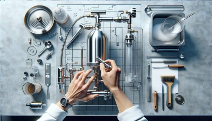 Close-up of a chef's hands assembling a stainless steel siphon in a modern kitchen, with tools like a gas charger and brush neatly arranged.