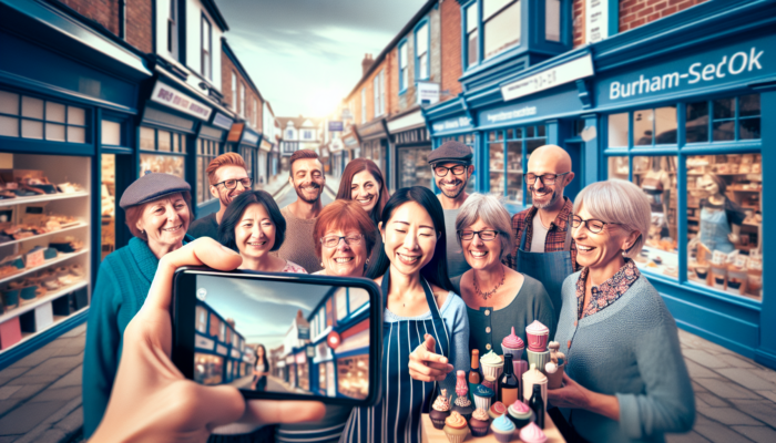 In Burnham-on-Sea, UK, a business owner posts vibrant photos of local products on Instagram via smartphone, surrounded by smiling community members.