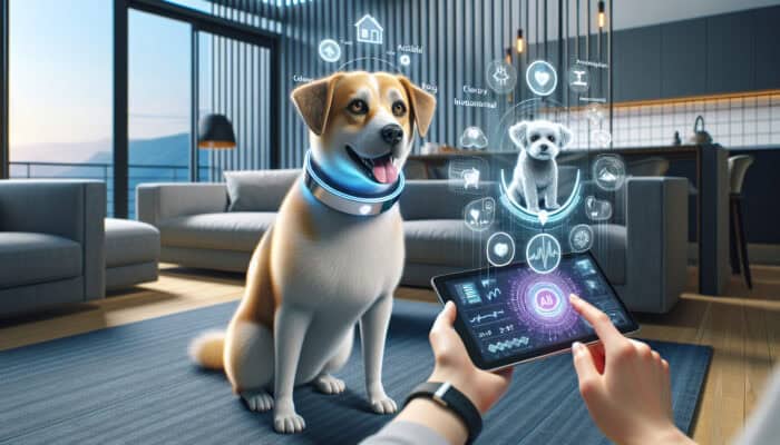 A happy dog wearing a futuristic AI collar in a modern home, with holographic activity insights on a tablet held by a smiling owner.