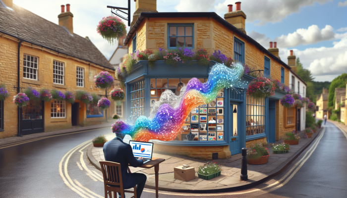 A small business owner in Chipping Campden examines SEO graphs on a laptop in a stone shop surrounded by flowers.