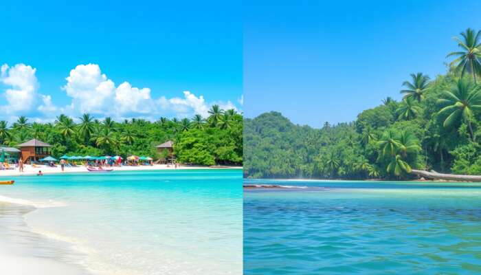 A vibrant beach scene in Belize with sunbathers and colourful umbrellas under clear blue skies, contrasted with a lush rainforest landscape experiencing rain showers, highlighting both peak and off-peak tourist seasons.