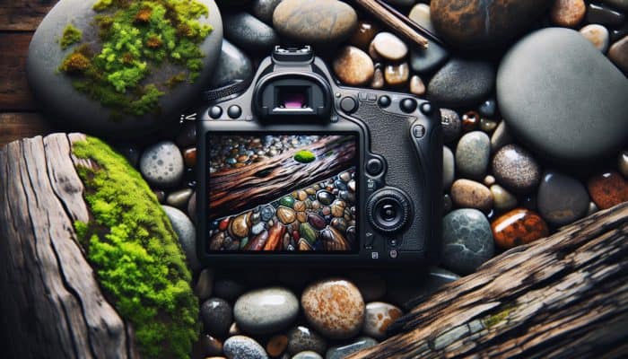 Close-up of weathered tree bark with intricate patterns, smooth river stones glistening with water, and soft moss-covered ground.