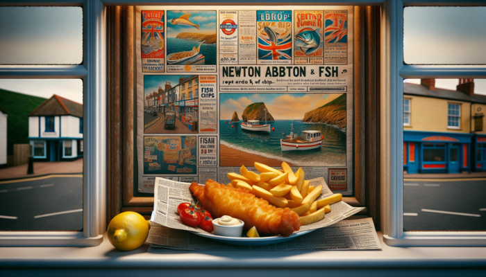 Delicious golden fish and chips served on a newspaper-lined plate in a quaint Newton Abbot shop window, framed by seaside posters and fresh lemons.