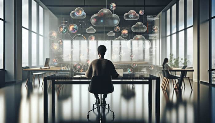 Content creator at a modern desk analyses Google Analytics dashboard with colourful graphs and keyword clouds in a bright office.