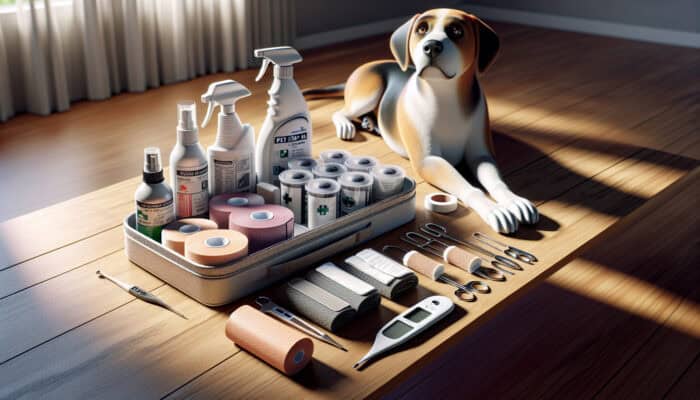Pet first aid kit on a wooden table with bandages, antiseptic bottles, tape, gauze, thermometer, and a curious dog in sunlight.