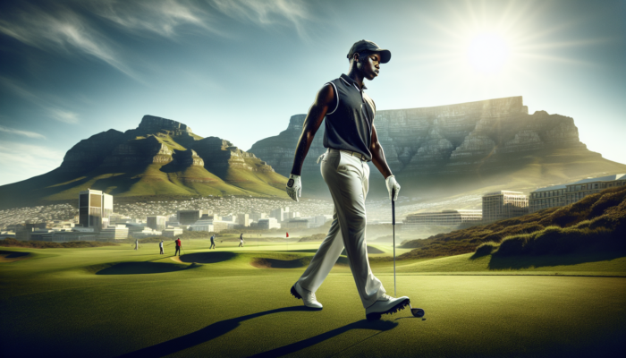 A determined golfer strides across a sunlit Cape Town fairway, with Table Mountain in the background, timing his walk during a tournament.