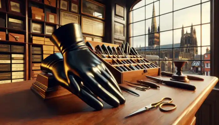 Black latex gauntlet gloves showcased on a wooden counter in a historic Lichfield shop, with a cathedral spire visible through the window illuminated by golden light.