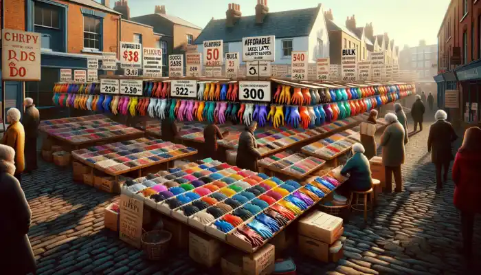 A vibrant market stall in Lichfield displaying affordable latex gauntlet gloves with discount signs, while shoppers compare prices under bright sunny skies.