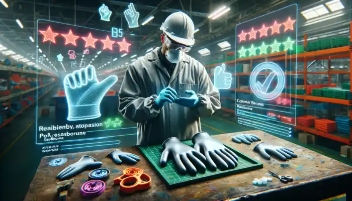 Worker in Eastbourne inspects polythene gauntlet gloves on a bench, surrounded by holographic customer reviews, ratings, and UK safety icons.