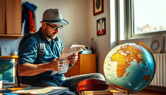 A vigilant traveler packs a backpack with maps, first-aid kit, and guides in a sunlit room, studying a globe with routes and symbols.