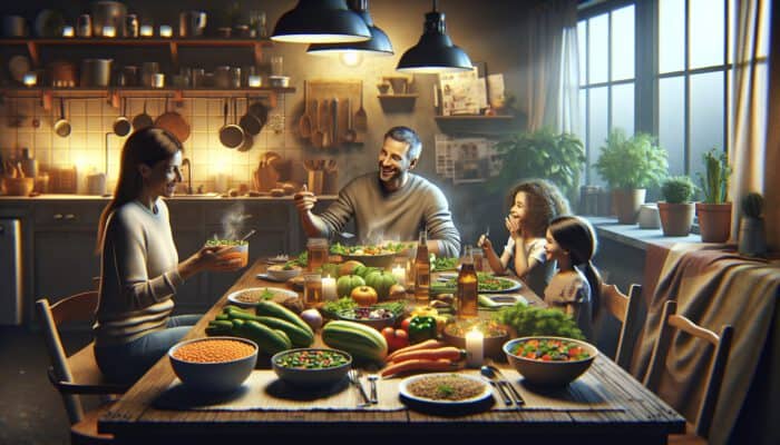 Cozy kitchen scene with a family dinner table full of steaming lentils, fresh vegetables, and whole grains under warm lighting.
