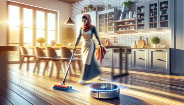 A person demonstrates rapid cleaning in a modern kitchen using a robotic vacuum and microfiber cloths, with dynamic motion and bright light.