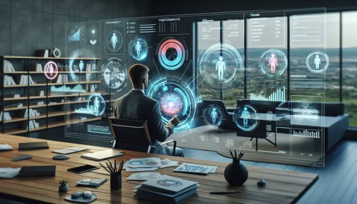 A focused leader in a modern home office reviews performance dashboards, metrics charts, and virtual team avatars on multiple screens.