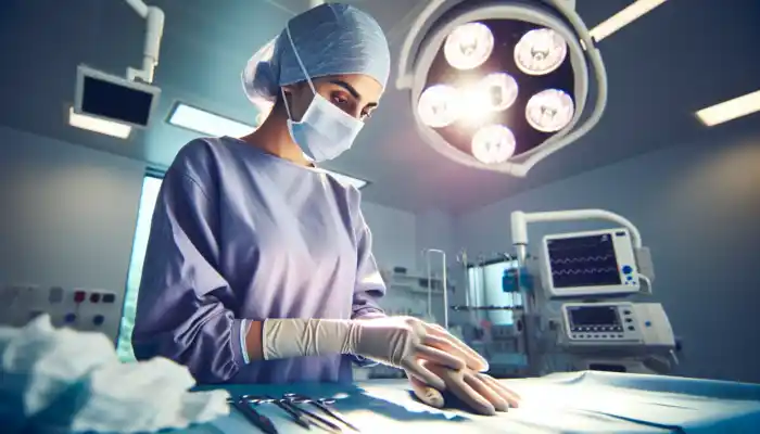 A healthcare worker in a modern UK hospital wears powder-free latex gauntlet gloves during a precise surgical procedure, ensuring dexterity, barrier protection, and comfort.