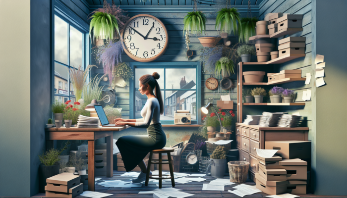 Determined small business owner in a cozy Beaminster shop, surrounded by cluttered papers and a ticking clock, working on a laptop template with growing plants nearby.