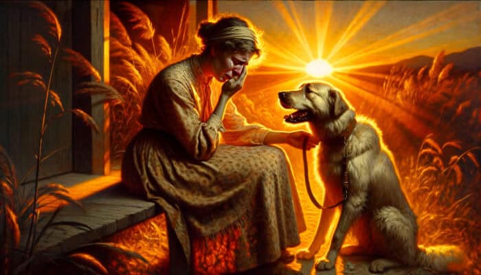 Woman crying on a porch at sunset, with her loyal dog nuzzling her hand and resting on her lap in golden light.