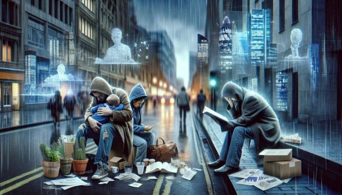 A rainy London street scene with a stressed graduate, weary single parent with child, and unemployed person seeking guidance.