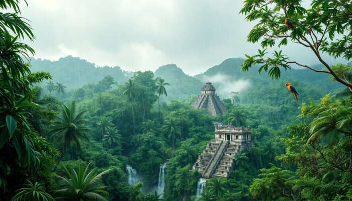 Vibrant tropical scene in rainy Belize: lush emerald rainforests, cascading waterfalls, colourful birds, misty Mayan ruins under an overcast sky.