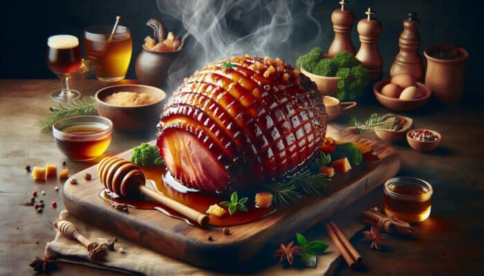 A succulent holiday ham glazed with honey, brown sugar, and herbs, steaming on a rustic wooden platter.