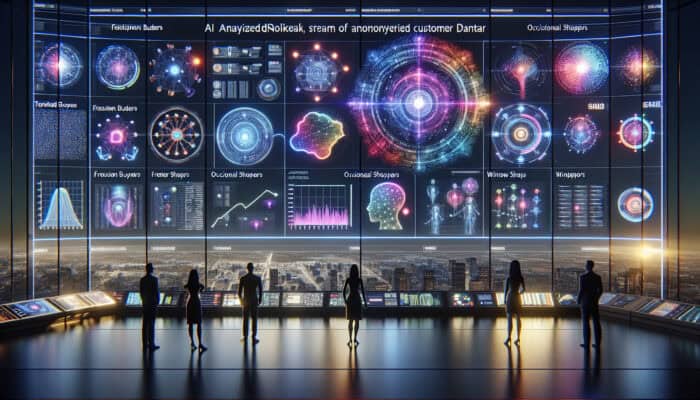 Futuristic AI command center with glowing neural networks analysing data, projecting holographic figures of frequent buyers, occasional shoppers, and window shoppers.