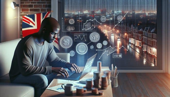 How to Budget After a Debt Consolidation Loan | DCL UK resident reviews budget charts on laptop with YNAB app, surrounded by coins, graphs, Union Jack, and rainy London lights.