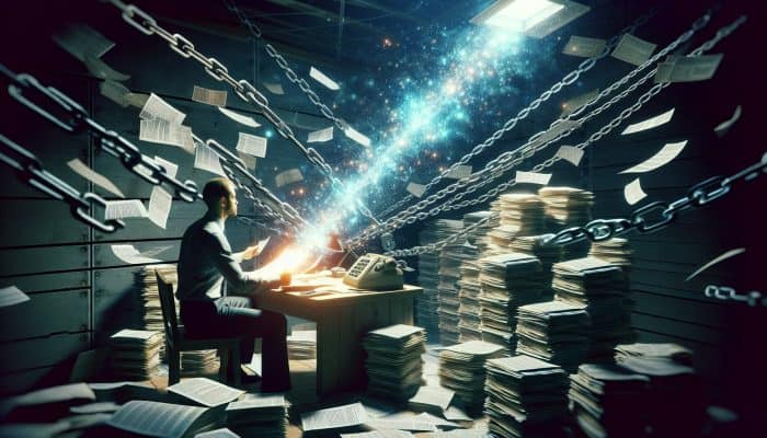 Bad Credit Debt Consolidation: Real Examples: Key Tips | DCL Determined person at cluttered desk with overdue bills and credit chains, studying glowing debt consolidation flowchart, light symbolizing hope.