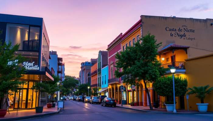 Vibrant dusk scene in San Miguel de Allende: modern boutique hotel, cozy guesthouse, and simple hostel among colorful buildings.