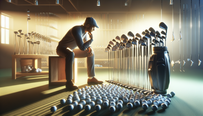 A focused golfer inspects diverse clubs on a rack in a sunlit pro shop, considering design and comfort, with scattered balls.
