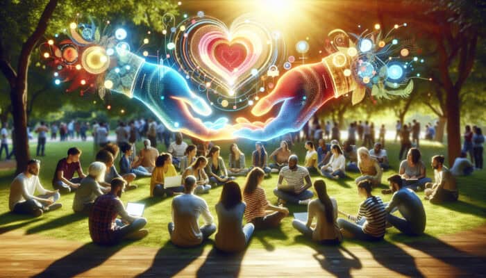 People in a sunlit park collaborating on projects, sharing ideas, and forming bonds, symbolised by intertwined hands and glowing hearts.