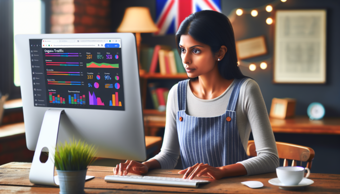 Small business owner in Royal Wootton Bassett office views SEO graphs on computer, showing organic traffic, conversion rates, and Google Analytics icons.