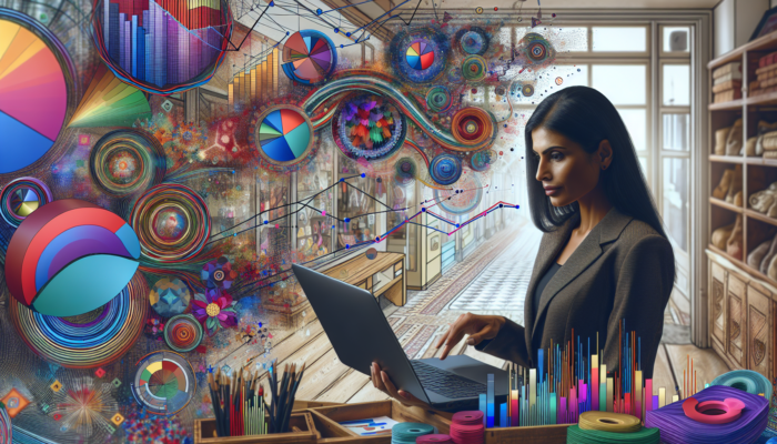 A focused entrepreneur in a Winchcombe gift shop reviews WooCommerce analytics on a laptop, surrounded by vibrant graphs of sales trends and customer behaviour.